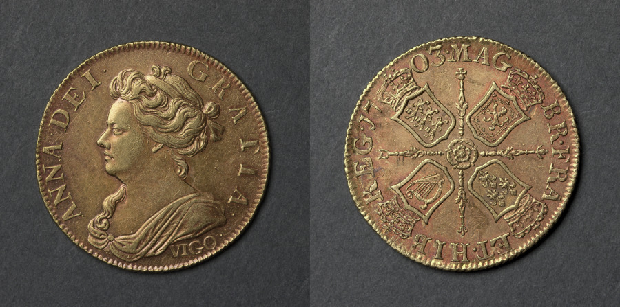 Guinea: Anne (obverse); Shields and rose (reverse), 1703 (Cleveland Museum of Art 1969.204)