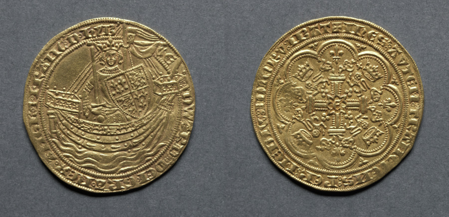 Noble: Edward III Standing in Ship with Shield of Arms (obverse); Ornamental Cross with Lis Terminals (reverse), 1351 (Cleveland Museum of Art 1969.160)