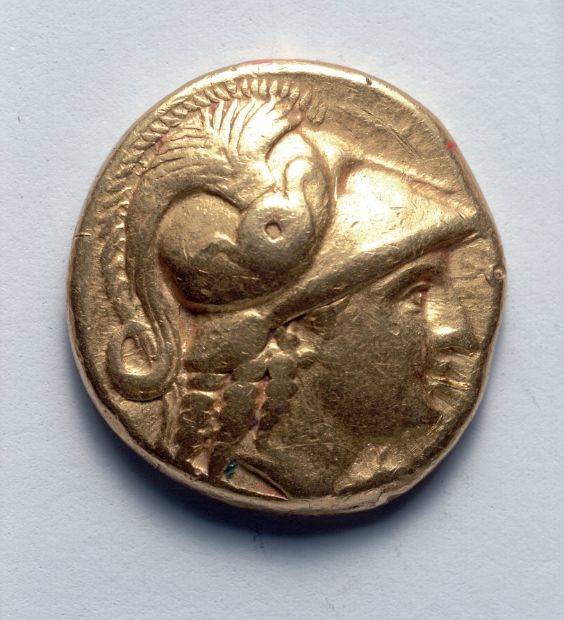 Stater: Head of Athena, r., with crested Corinthian helmet, barley left (obverse), 336–323 BCE (Cleveland Museum of Art 1938.427.a)