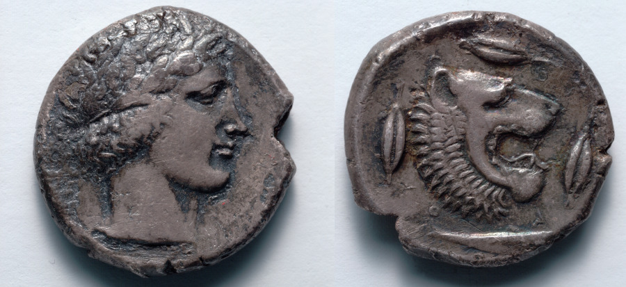 Tetradrachm: Head of Apollo (obverse); Head of Lion (reverse), 466–422 BCE (Cleveland Museum of Art 1917.988)