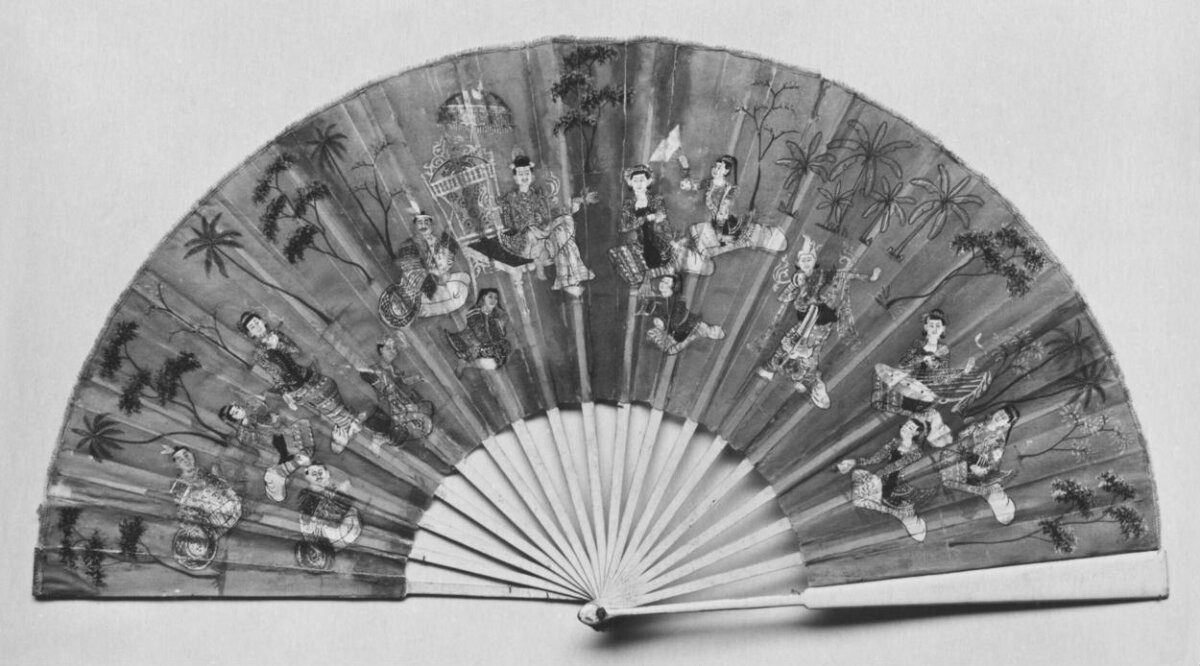 Painted fan of silk gauze upon wooden sticks and guards, Mandalay, ca. 1880
