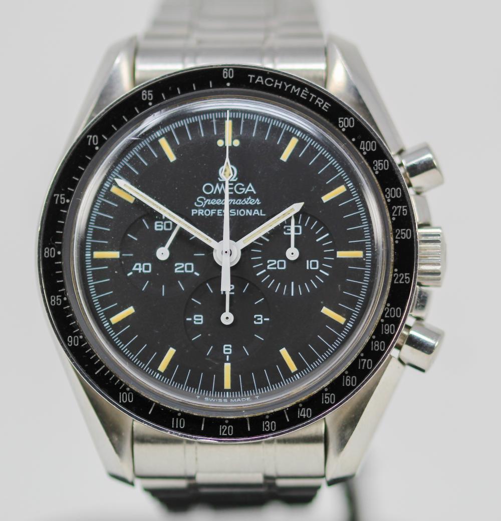 Auction-listing photograph of one example offered as “Omega Speedmaster Professional Chronograph Wristwatch”; individual examples and references may differ.