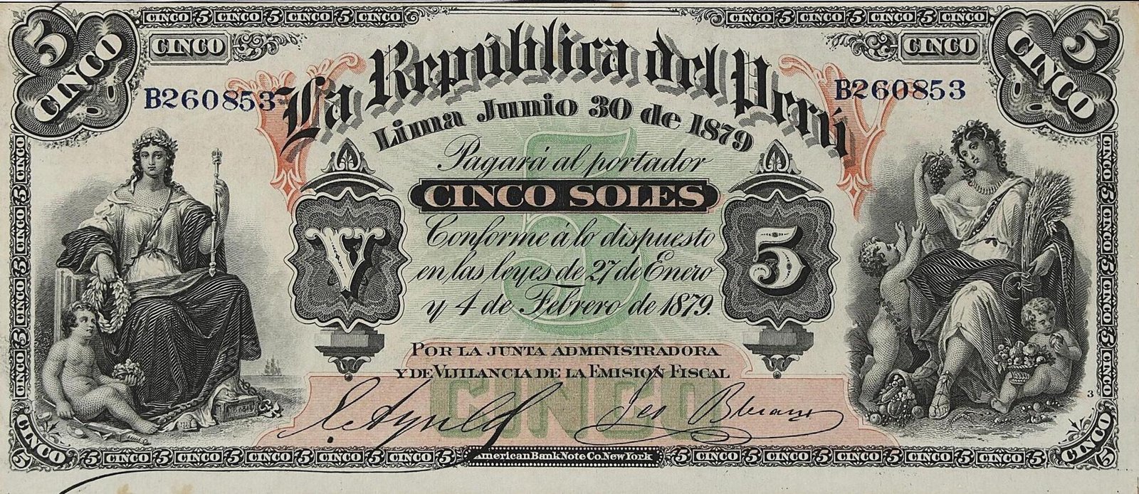 Obverse of 5 Soles (1879), Pick 3