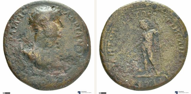 Miletoupolis, Hadrian, bronze coin — Youthful Dionysus standing facing (CN type 16895)