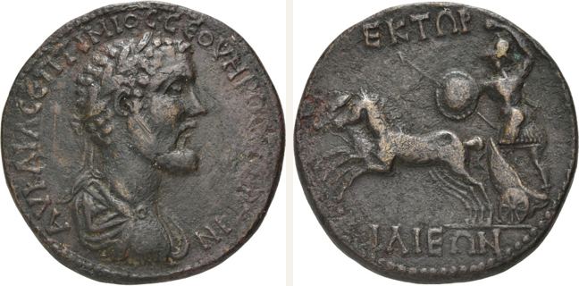 Ilion, Septimius Severus, sestertius — Armoured Hector on galloping biga (CN type 20322)