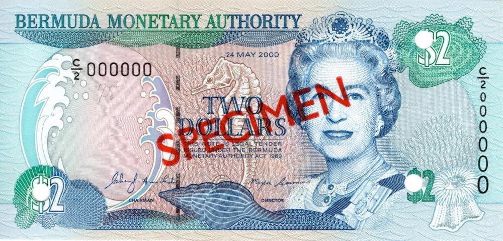 Auction photograph of an example of Pick 50 (Foreign Banknotes - BERMUDA 2$ del 2000 pick #50s Specimen - numero a matit...)