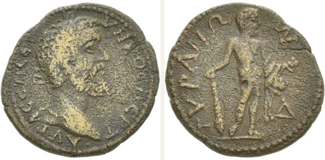 Tyras, Septimius Severus, bronze coin — Nude Heracles standing facing (CN type 23892)