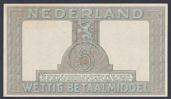 Auction photograph of an example of Pick 63 (World Banknotes: Netherlands 5 gulden dtaed 16th October 1944 series CS No.036389, Pick63, a few mar)