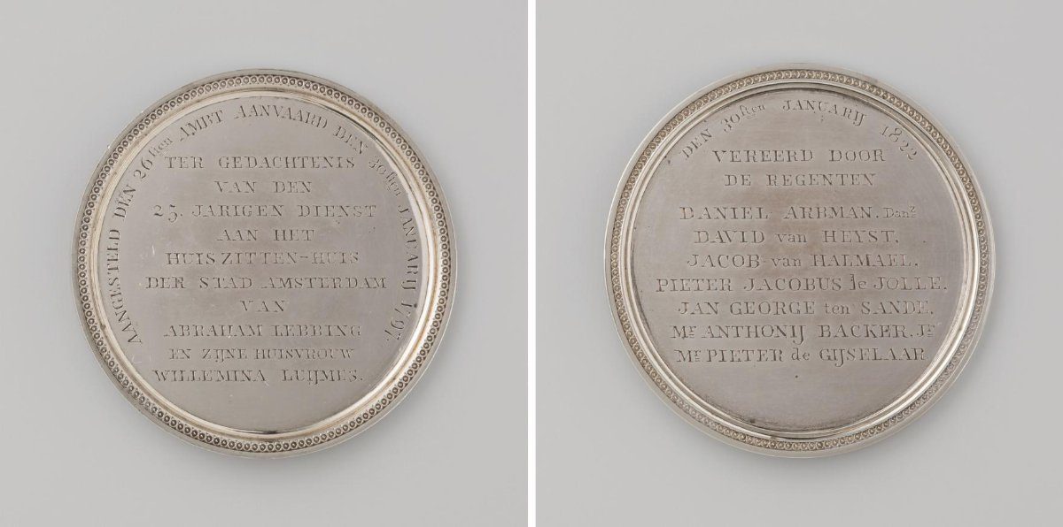 Abraham Lebbing and his wife Willemina Luijmes, twenty-five years in the service of the Huiszitten-huis in Amsterdam, medal presented by the regents of the house
