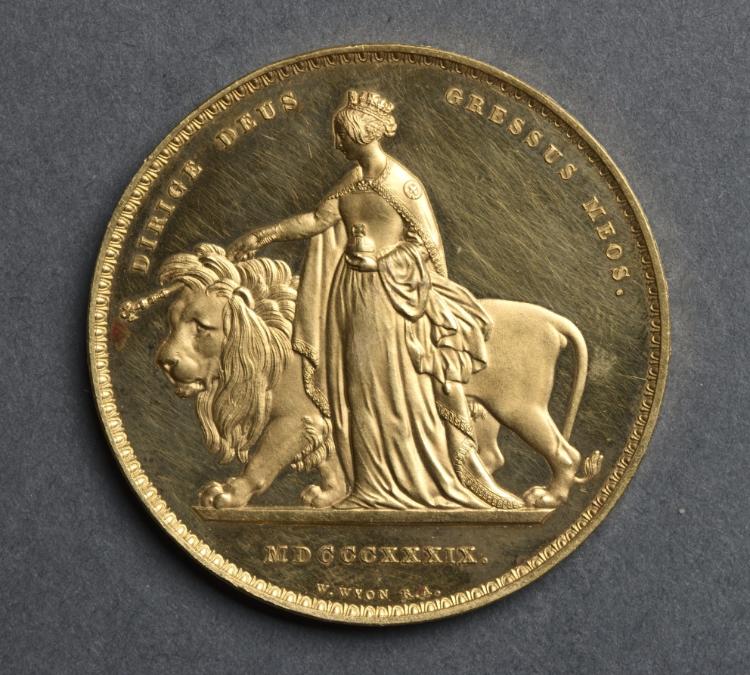 Five Pound Piece: Una, Guiding the Lion (reverse), 1839 (Cleveland Museum of Art 1969.217.b)
