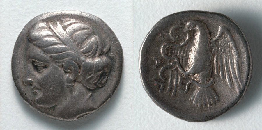 Drachm: Female Head (obverse); Eagle (reverse), 337–308 BCE (Cleveland Museum of Art 1916.972)