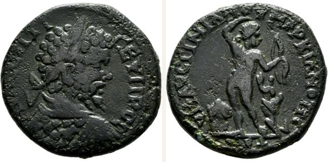 Markianopolis, Septimius Severus, bronze coin — Nude Apollo standing facing (CN type 21920)