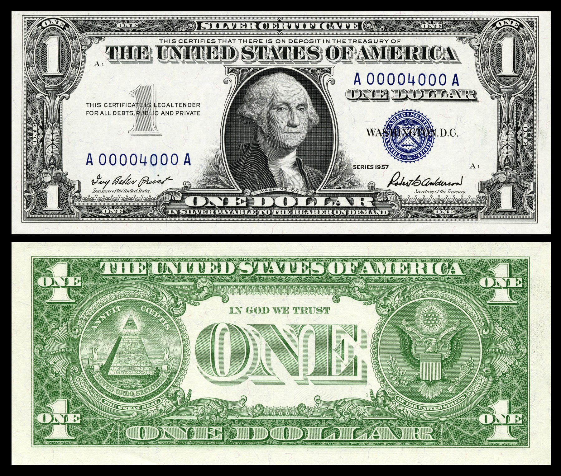 United States $1 Banknote , Silver Certificate , Small type, Series of 1957 (Fr. Ref#1619).