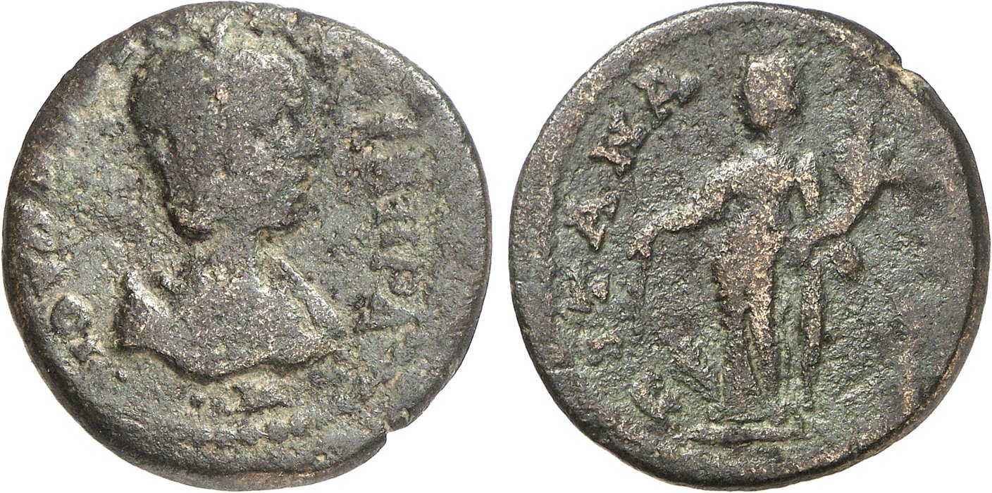 Pitane, Elagabal, bronze coin — Tyche standing facing (CN type 11895)