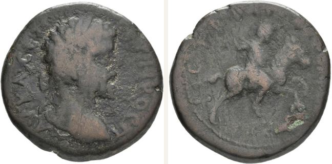 Istros, Septimius Severus, bronze coin — Caesar Geta riding a horse to the right with a spear raised in (CN type 23188)