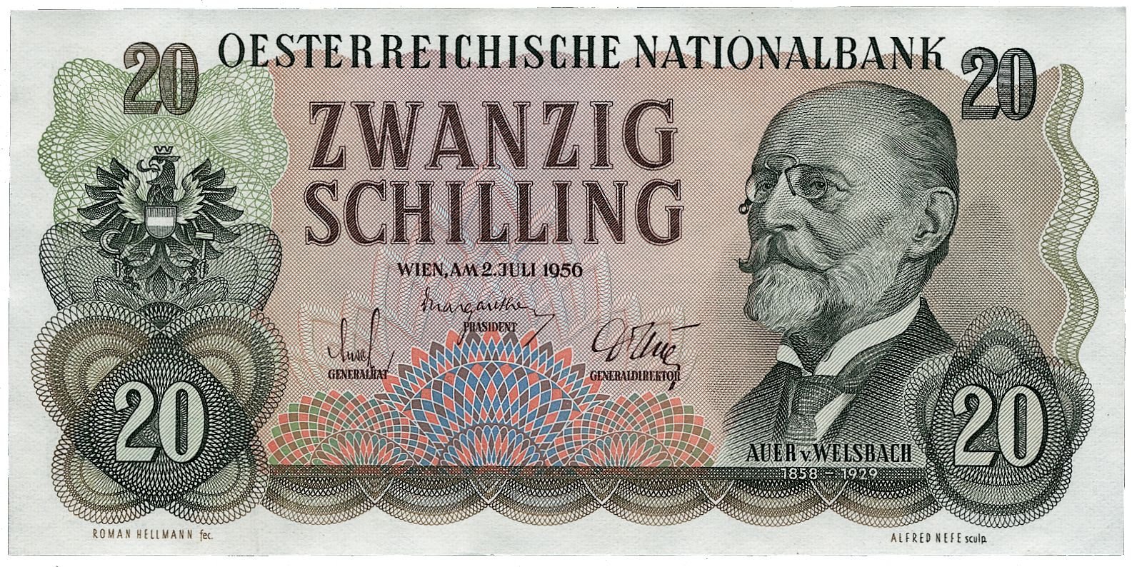 Obverse of 20 Schilling (1956), Pick 136