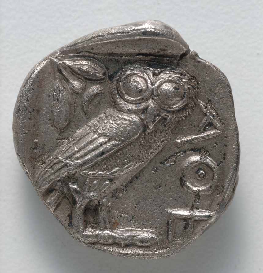 Tetradrachm: Owl, standing, r., crescent moon and olive branch above (reverse), 449–440 BCE (Cleveland Museum of Art 1941.296.b)