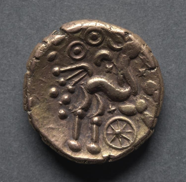 Stater: Horse, Wheel, and Crescent (reverse), 10 BCE–20 CE (Cleveland Museum of Art 1969.155.b)