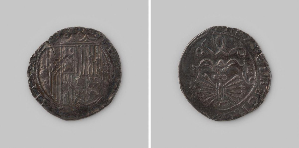 Dubbele zilveren reaal (dos reales de plata) uit Spanje van koning en koningin Ferdinand en Isabella,1474-1516