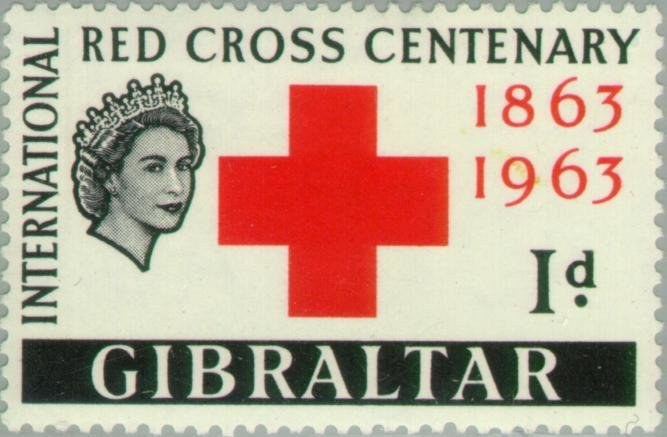 Photograph of a stamp from this issue (Wikimedia Commons file “Stamp of Gibraltar - 1963 - Colnect 190 - 1 - Centenary of - International Red Cross.jpeg”). The paper, perforation or watermark variety shown cannot be confirmed from the photograph.