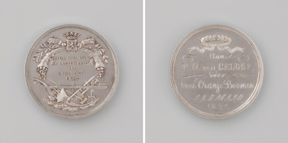Alkmaar Division of the Hollandsche Maatschappij van Landbouw, medal awarded to P.H. van Gelder for two orange trees