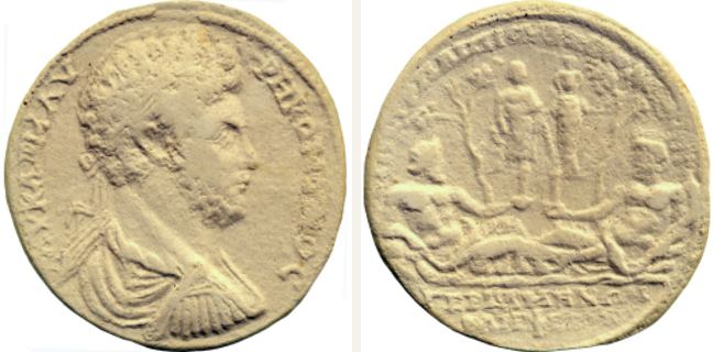 Pergamon, Commodus, bronze coin — Two river-gods reclining against each other (CN type 17800)