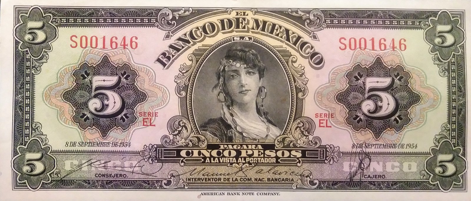Obverse of 5 Pesos (1953–1954), Pick 57