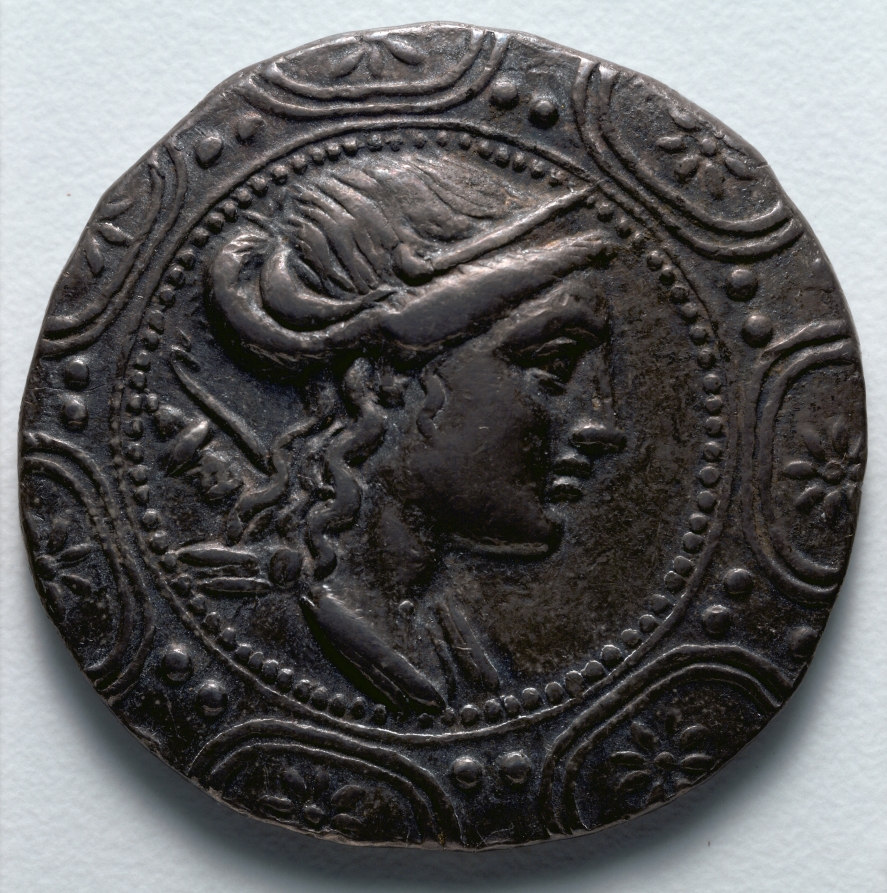 Tetradrachm: Macedonian Shield with Head of Artemis (obverse), 158–150 BCE (Cleveland Museum of Art 1916.978.a)