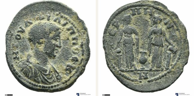 Germe, Philippus iunior, bronze coin — Two female figures standing (CN type 3776)