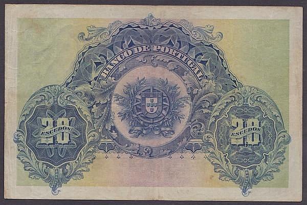 Auction photograph of an example of Pick 115 (World Banknotes: Portugal 20 escudos dated 14th April 1915 series BM04887, light stains, Pick115a, F)