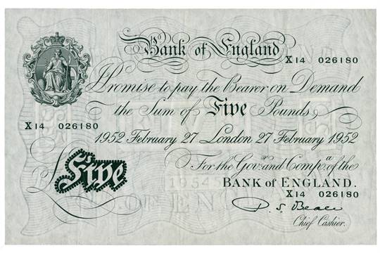 Bank of England White Five Pound Note