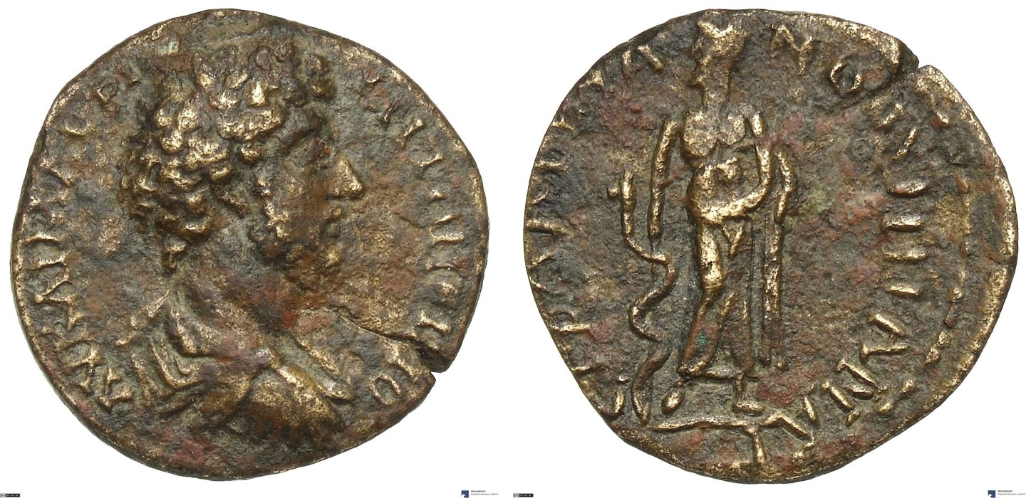 Pitane, Marc Aurel, bronze coin — Asclepius standing facing (CN type 11890)