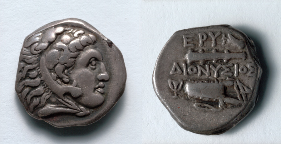Drachm: Head of Herakles (obverse); Club, Bow Case (reverse), 387–300 BCE (Cleveland Museum of Art 1917.993)