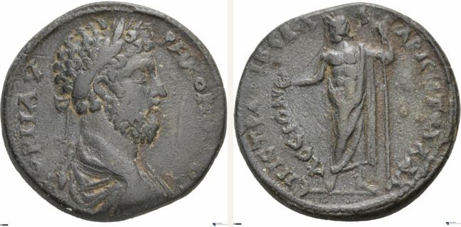 Assos, Commodus, bronze coin — Zeus standing (CN type 18933)
