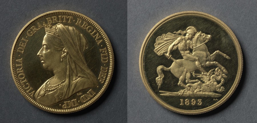 Five Pound Piece: Victoria (obverse); St. George and the Dragon (reverse)