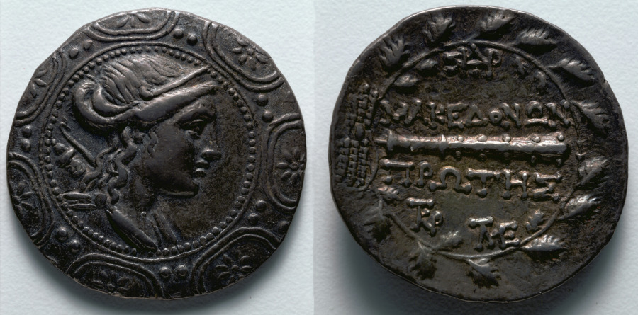 Tetradrachm: Macedonian Shield with Head of Artemis (obverse); Club (reverse), 158–150 BCE (Cleveland Museum of Art 1916.978)