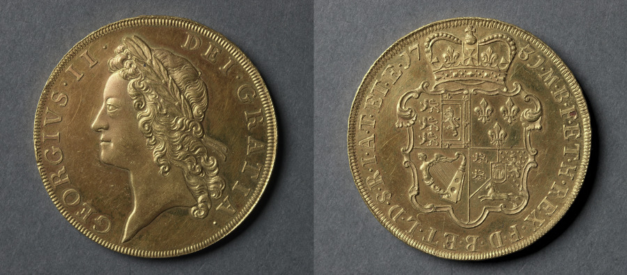 Five Guineas: George II (obverse); Shield of Arms (reverse), 1731 (Cleveland Museum of Art 1969.207)