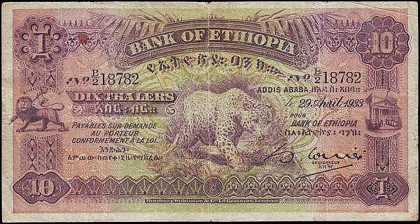 Auction photograph of an example of Pick 8 (Ethiopia 10 Thalers Pick8, dated 29th April 1933 series B/2 18782, leopard)