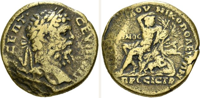 Nikopolis ad Istrum, Septimius Severus, bronze coin — Naked youth seated on rock left (CN type 24308)