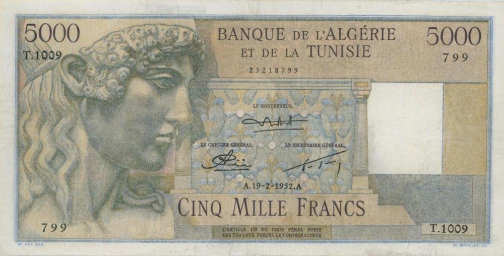 Auction photograph of an example of Pick 27 (Foreign Banknotes - TUNISIA 5000 francs 1952 - Pick #27 - Taglio ricongiunt...)
