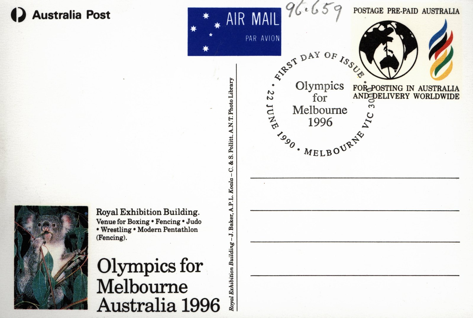 Postcard, Olympics for Melbourne, Australia, 1990 — museum object SH 960659
