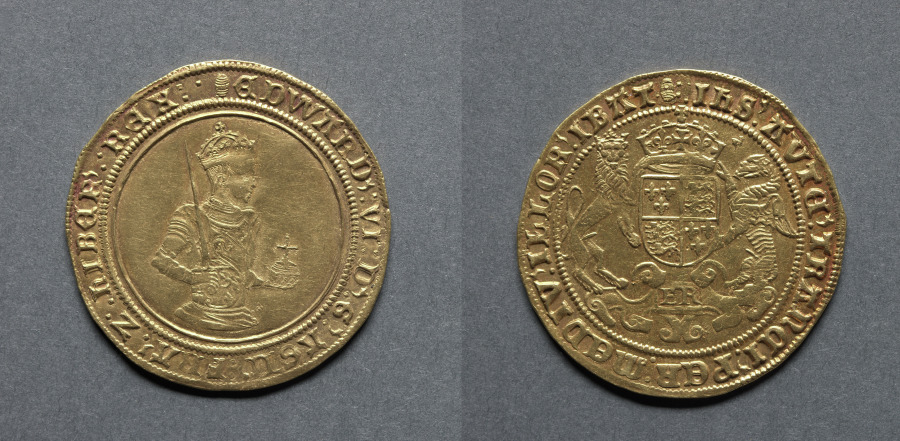Sovereign of Twenty Shillings: Edward VI (obverse); Crowned Shield of Royal Arms (reverse), 1550–53 (Cleveland Museum of Art 1969.178)