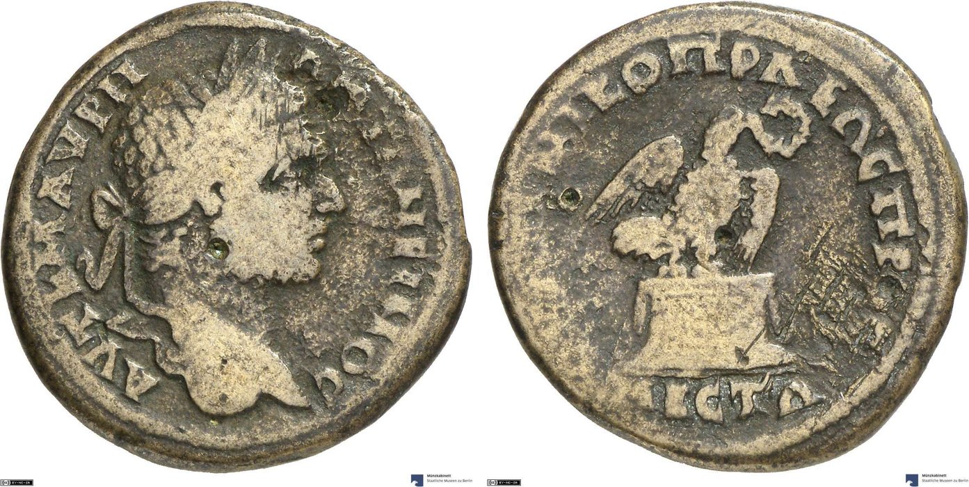 Nikopolis ad Mestum, Caracalla, 5 unit — Eagle standing right on altar (CN type 11829)