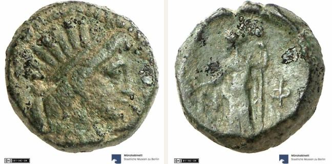 Hephaistia, bronze coin — Nude Dionysus standing left (CN type 19915)