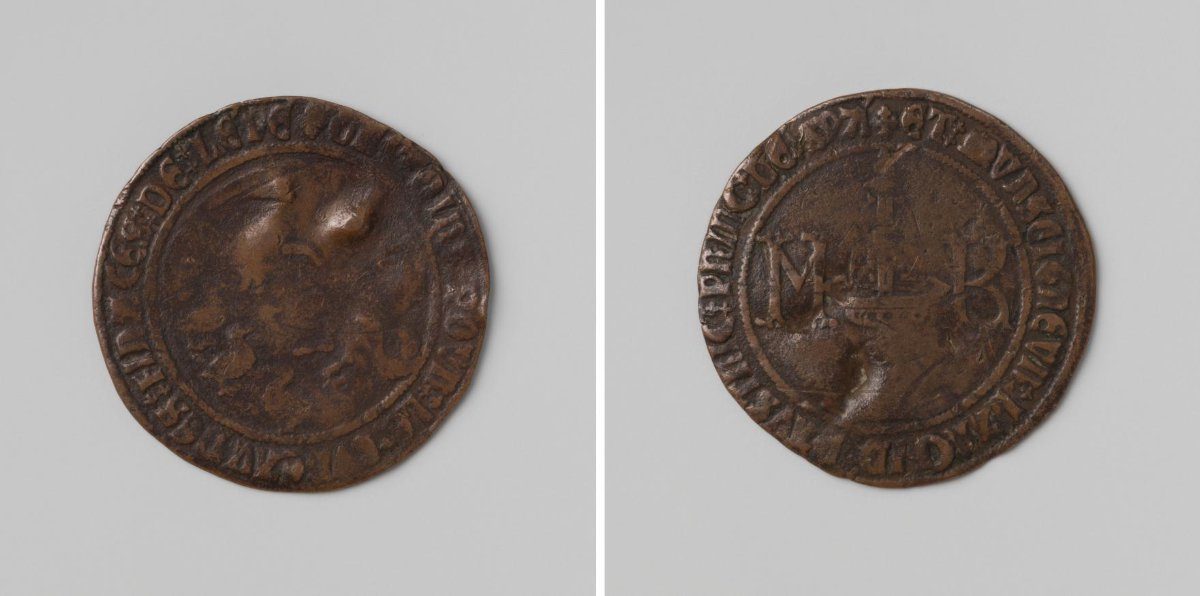 Allegory of the anti-imperial sentiment of Pope Julius II, jeton of the Bureau des Finances of Maximilian I, Holy Roman Emperor, and Charles, Prince of Spain