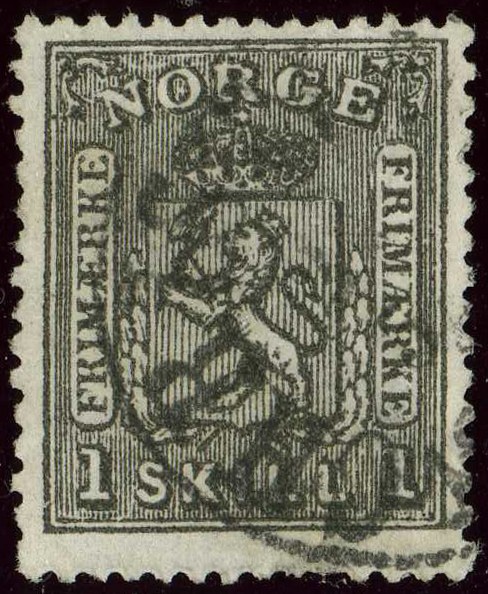 Photograph of a stamp from this issue (Wikimedia Commons file “1868issue 1sk Norway Used Mi11.jpg”). The paper, perforation or watermark variety shown cannot be confirmed from the photograph.