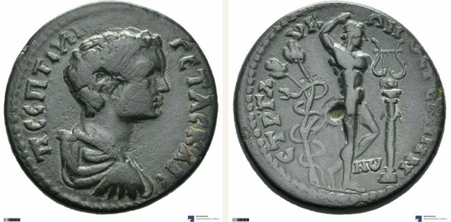 Germe, Geta, bronze coin — Nude Apollo standing (CN type 3601)