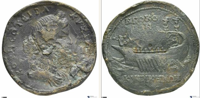 Kyzikos, Commodus, bronze coin — Galley with eight rowers and helmsman (CN type 17352)