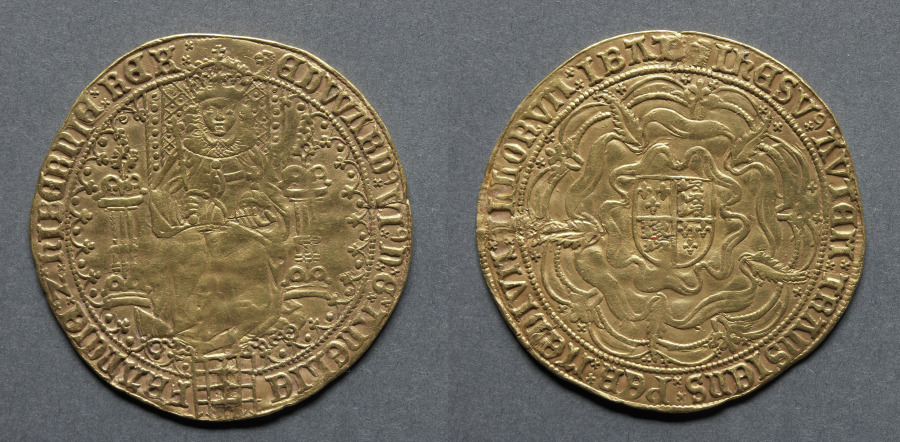 Sovereign of Thirty Shillings: Edward VI Enthroned (obverse); Shield of Royal Arms on Rose (reverse), 1550–53 (Cleveland Museum of Art 1969.177)