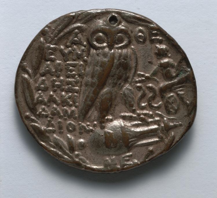 Electrotype Replica of Tetradrachm: Owl, Panathenaic Amphora, Triptolemos in Chariot, within Wreath (reverse), 1838–1916 (Cleveland Museum of Art 1916.977.b)
